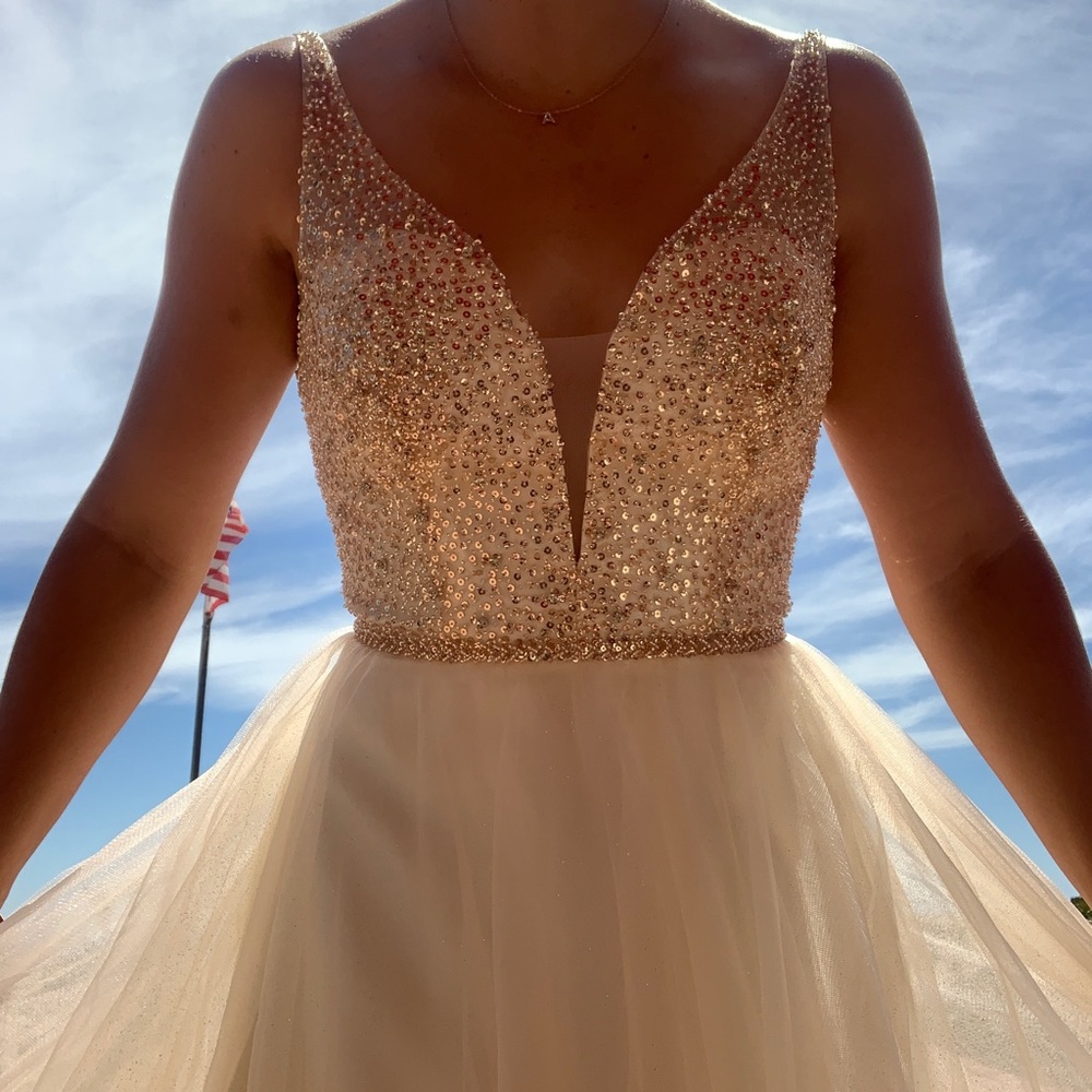 Worn once prom dress in gold small